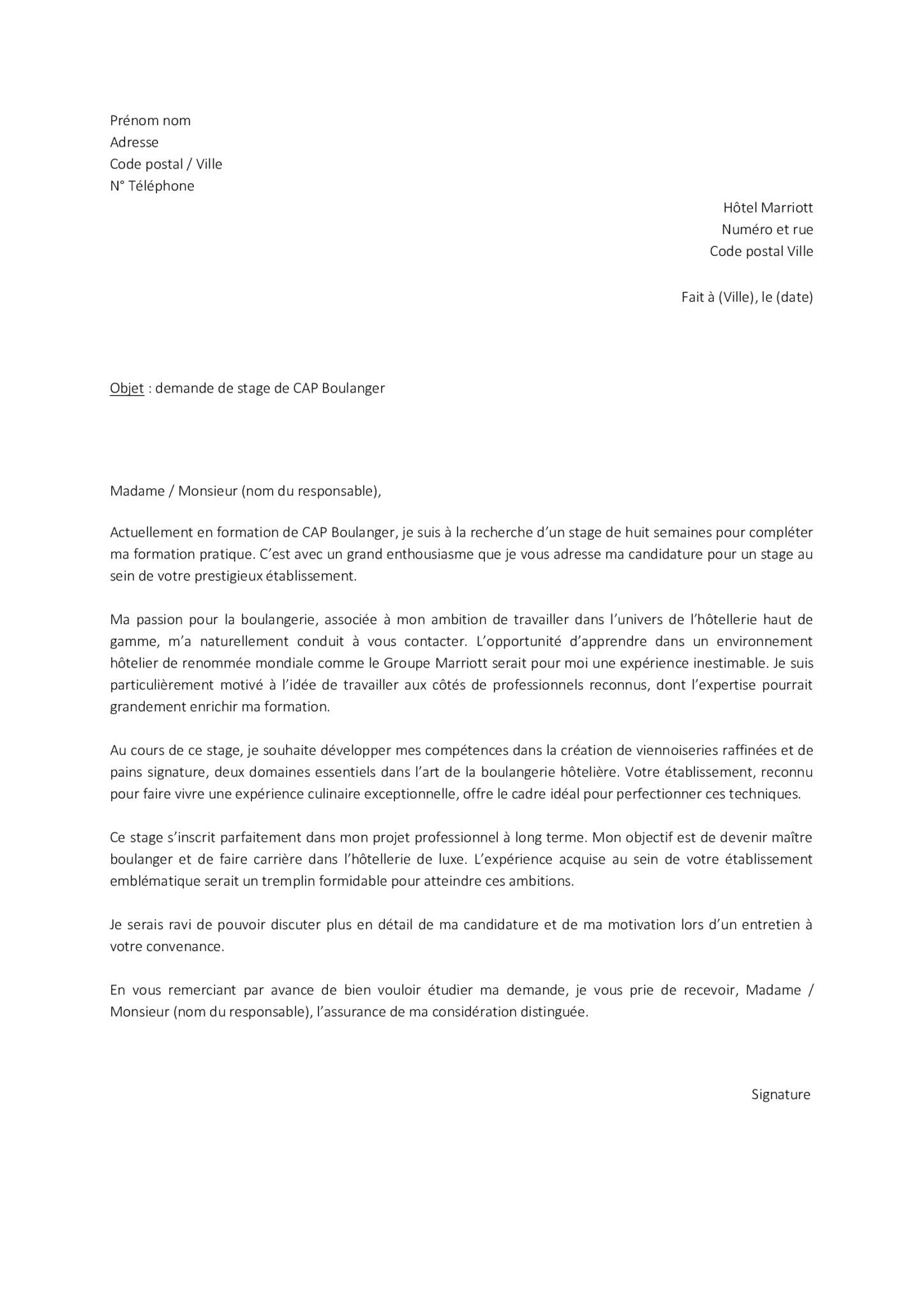 Lettre De Motivation Pour Un Stage De CAP Boulanger TaLettre Fr