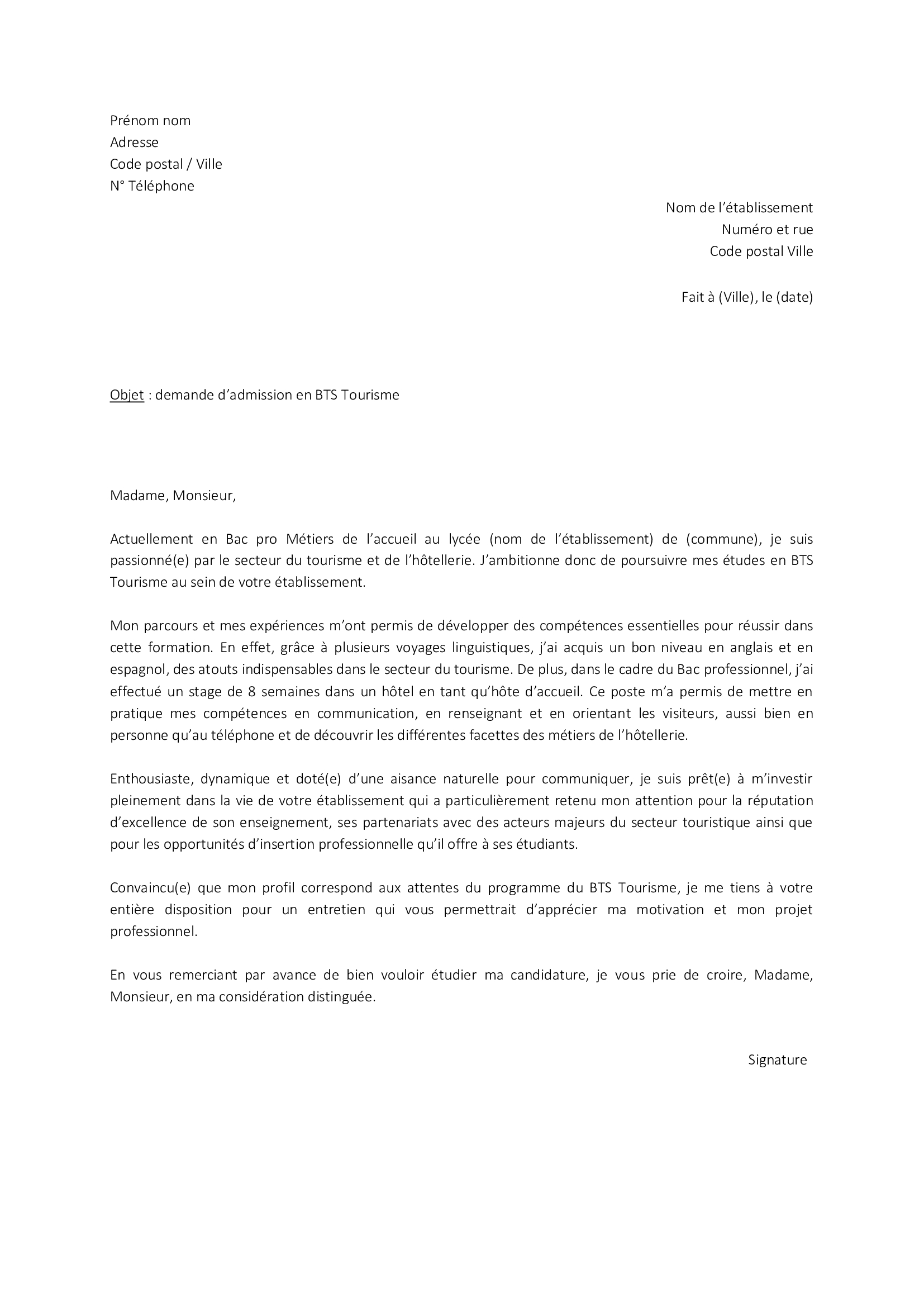 Lettre de motivation BTS Tourisme Parcoursup TaLettre.fr