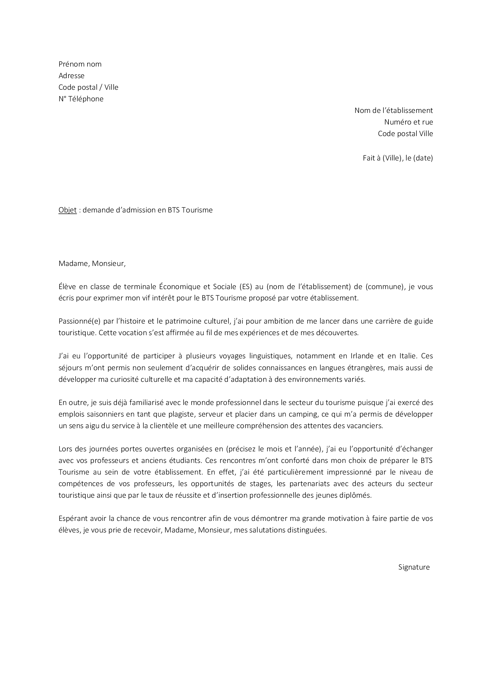 Lettre de motivation BTS Tourisme Parcoursup TaLettre.fr