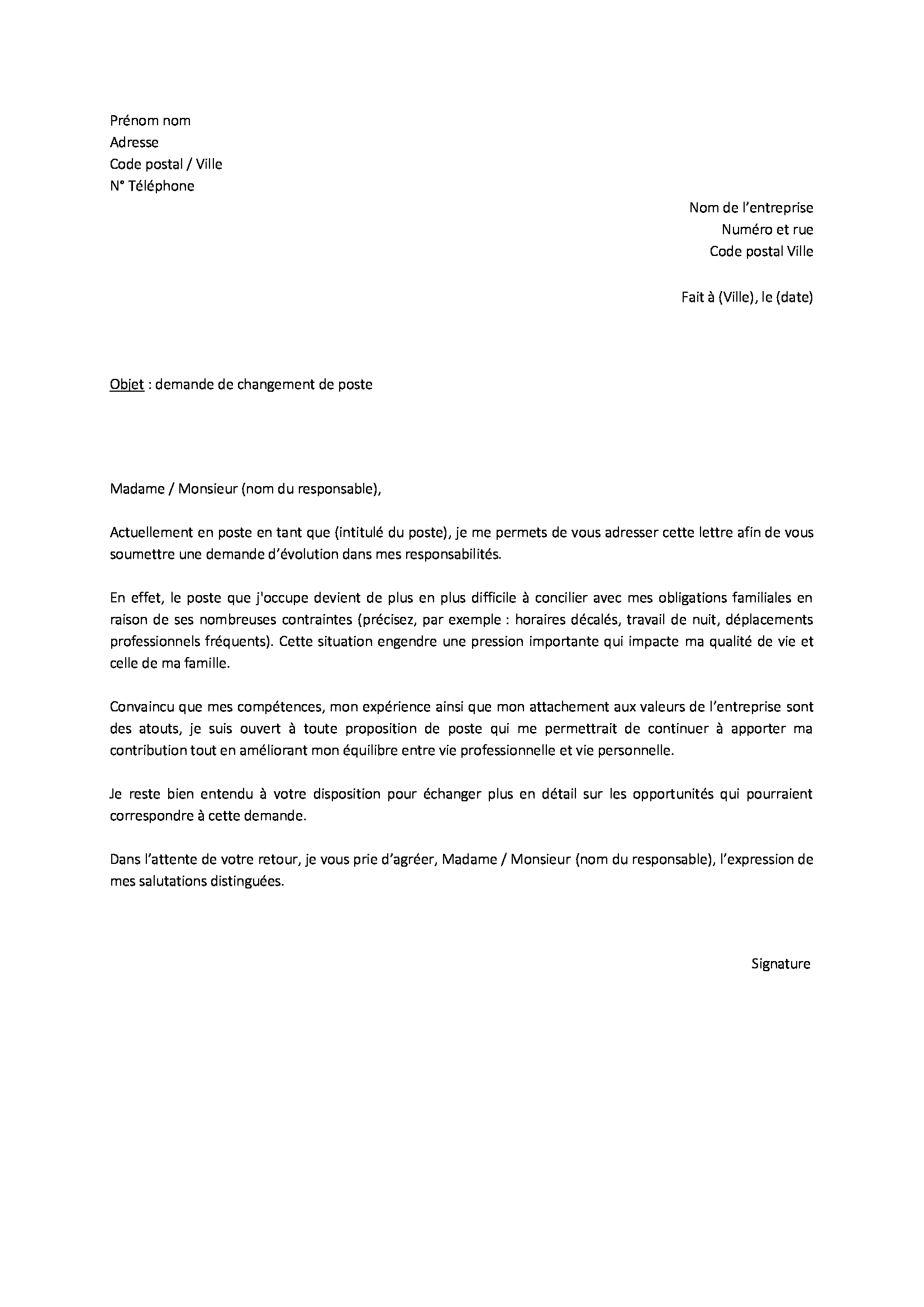 Lettre de demande de changement de poste en entreprise TaLettre.fr