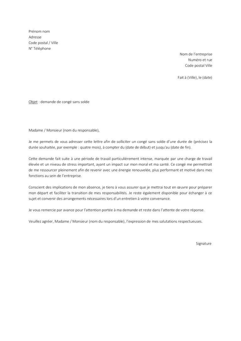 Lettre de demande de congé sans solde - TaLettre.fr