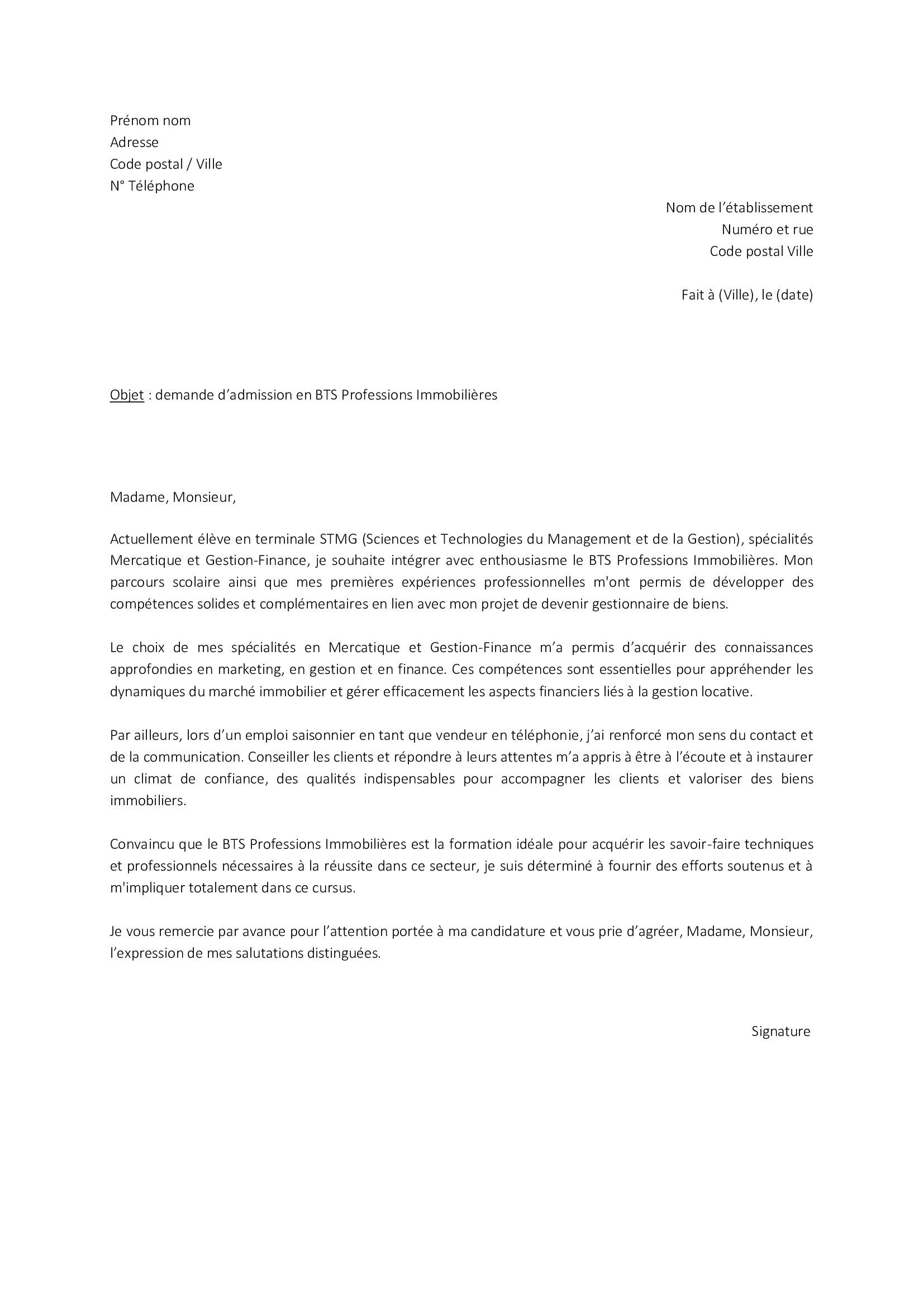 Lettre de motivation Parcoursup BTS Professions Immobilières TaLettre.fr — free download