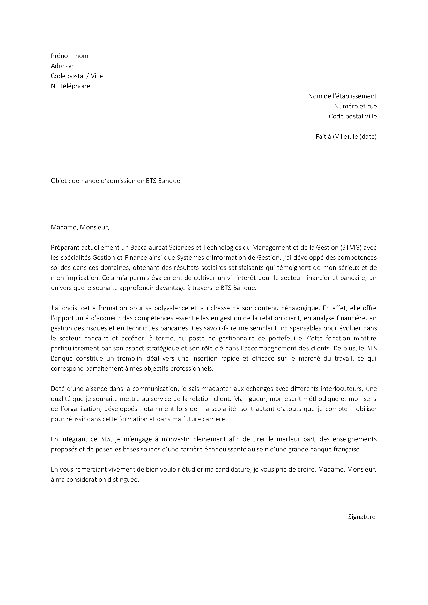Lettre de motivation Parcoursup pour intégrer un BTS Banque TaLettre.fr — free download