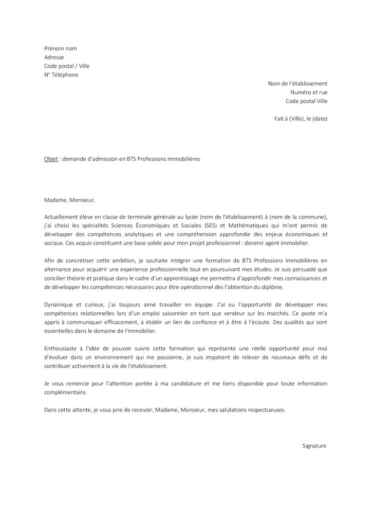 Lettre de motivation Parcoursup BTS Professions Immobilières TaLettre.fr — free download