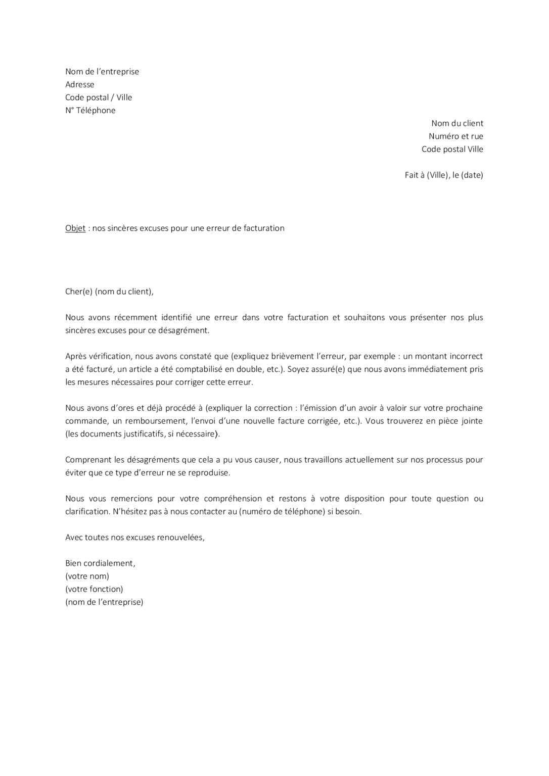 Lettre pour s'excuser auprès d'un client d'un désagrément - TaLettre.fr
