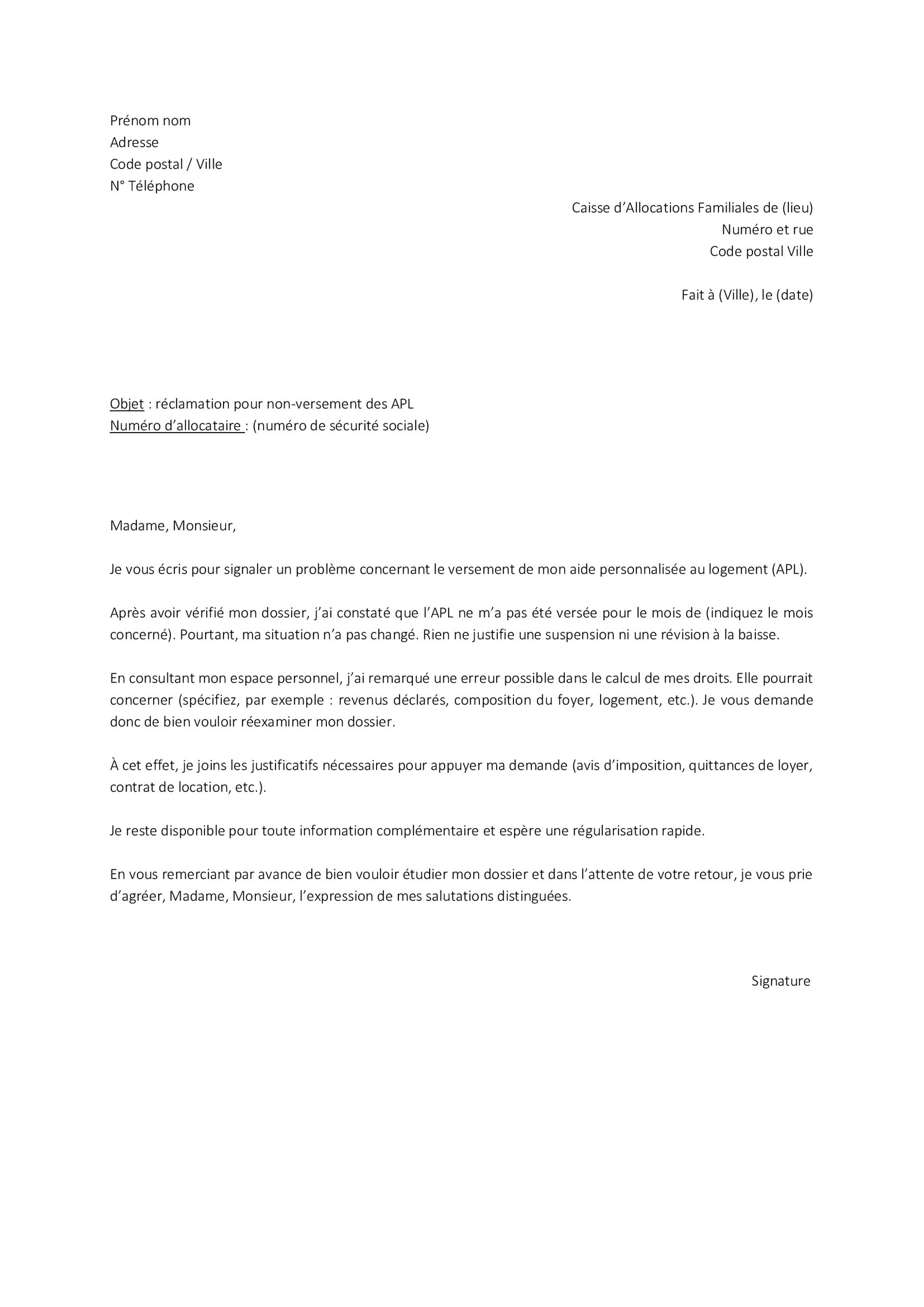Lettre de réclamation à la CAF pour non-paiement des APL - TaLettre.fr