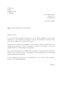 Lettre demande d’autorisation de sortie de l'école participer compétition sportive