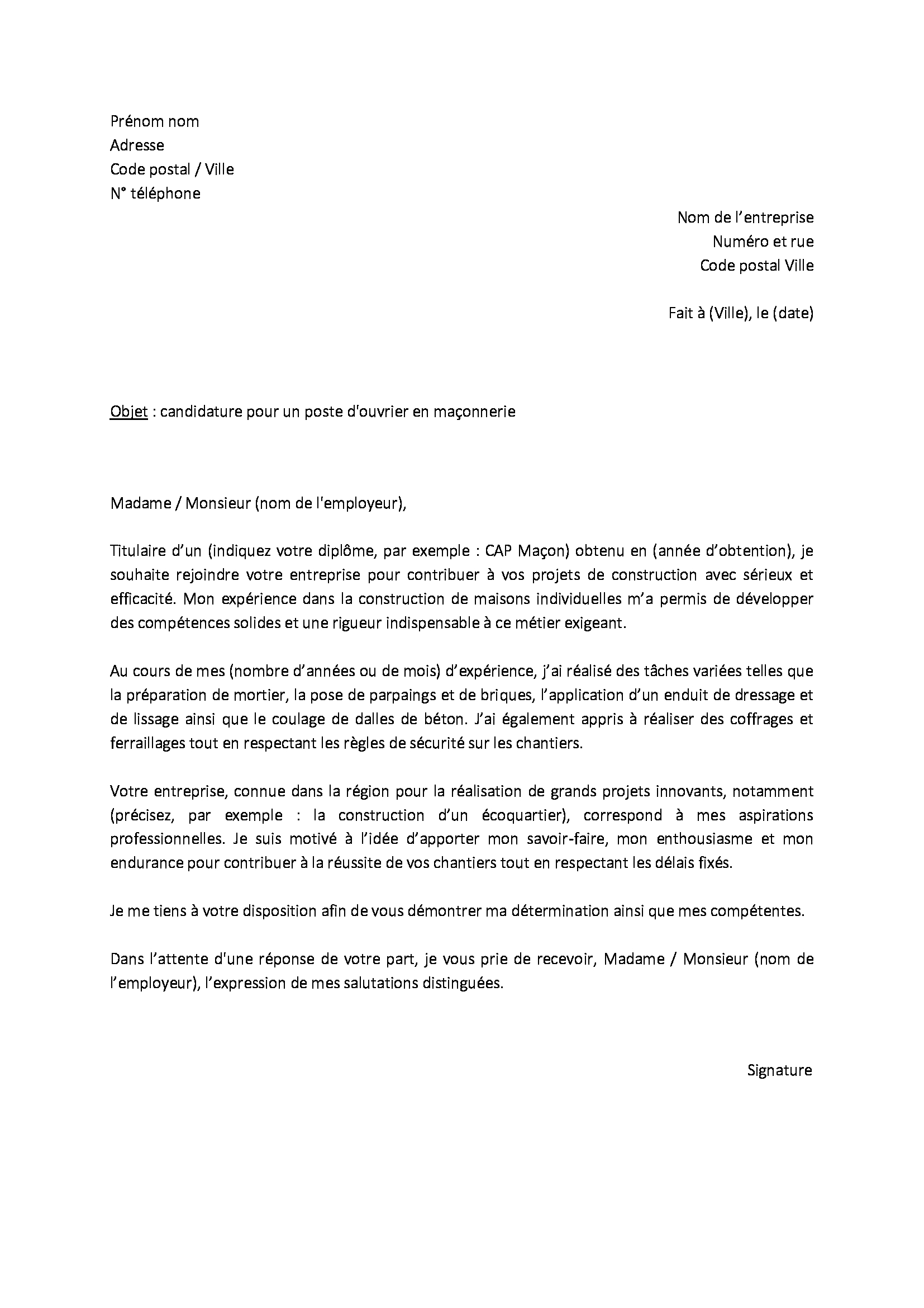 Lettre de motivation d'un ouvrier du bâtiment TaLettre.fr — free download