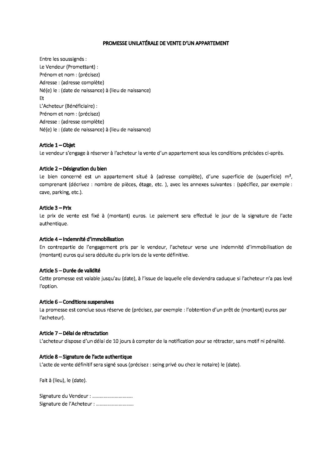 Modèle de promesse de vente d'un bien immobilier - TaLettre.fr