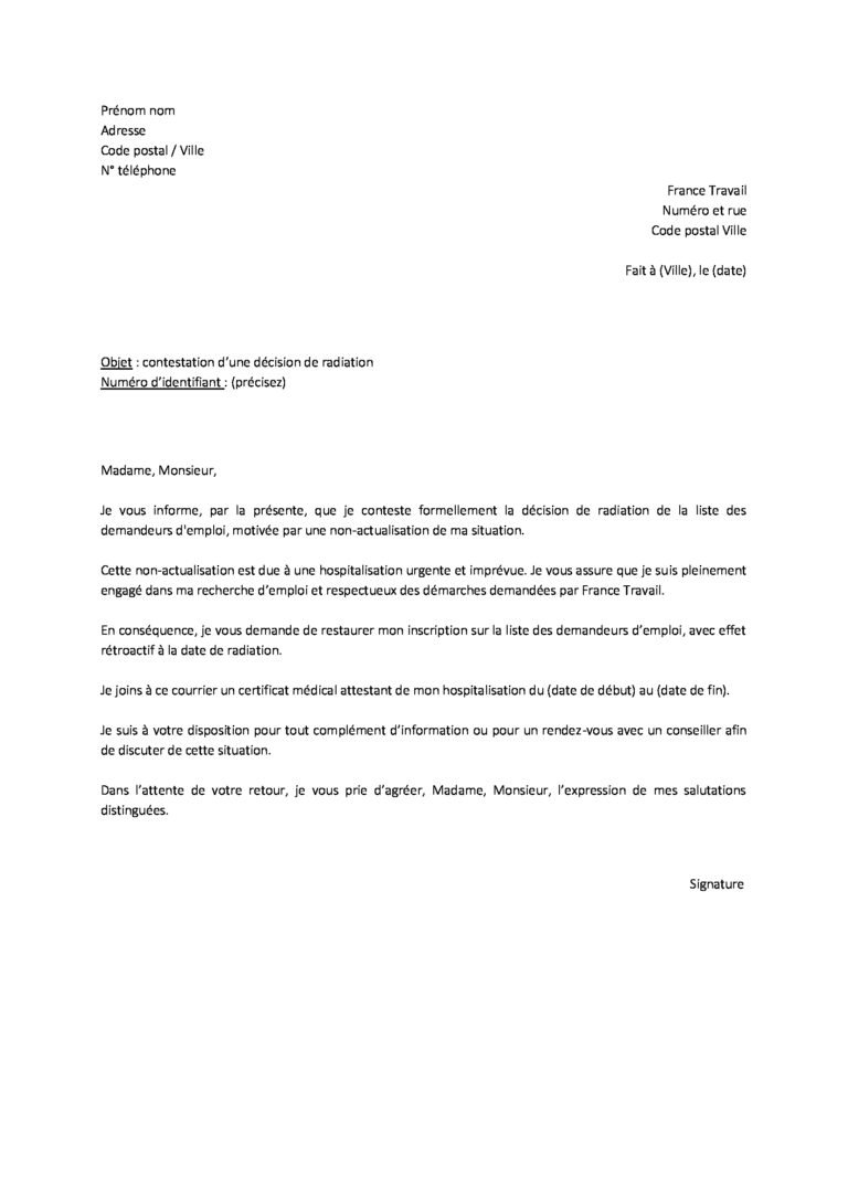 Lettre pour contester une radiation par France Travail - TaLettre.fr