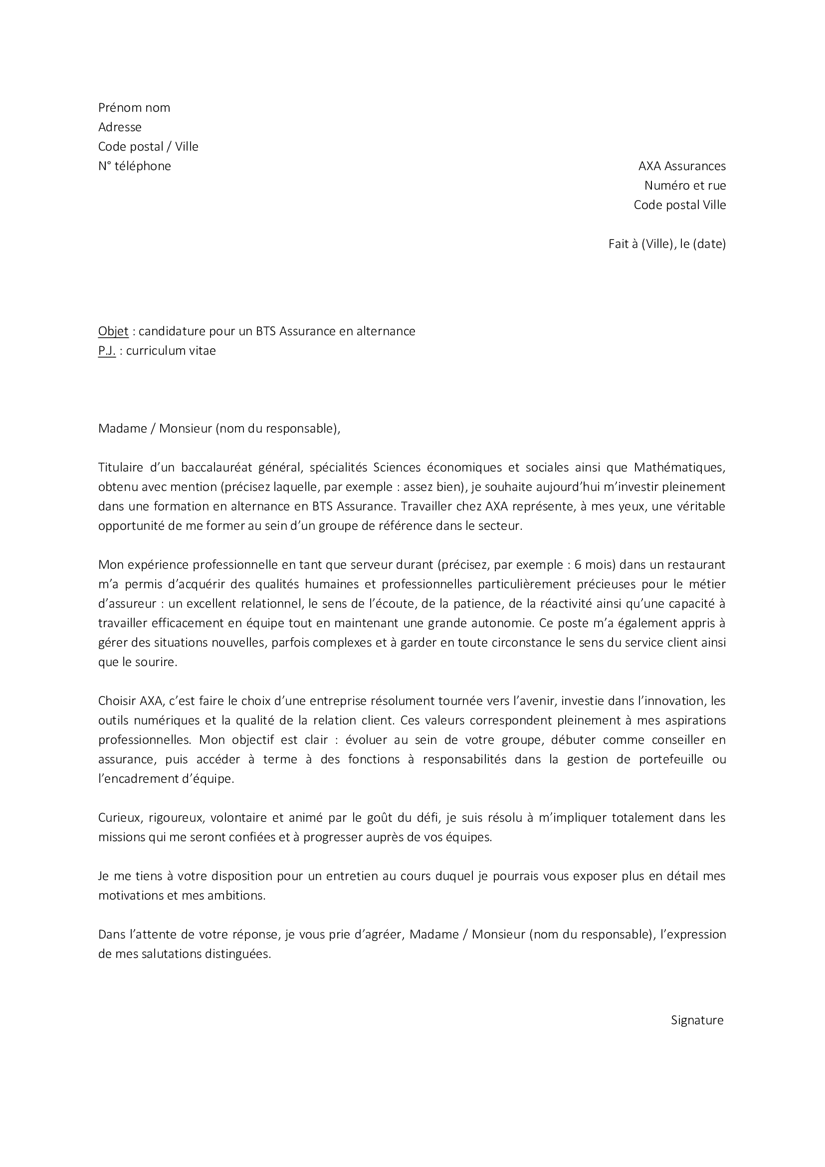 Lettre de motivation pour un BTS Assurance en alternance TaLettre.fr — free download
