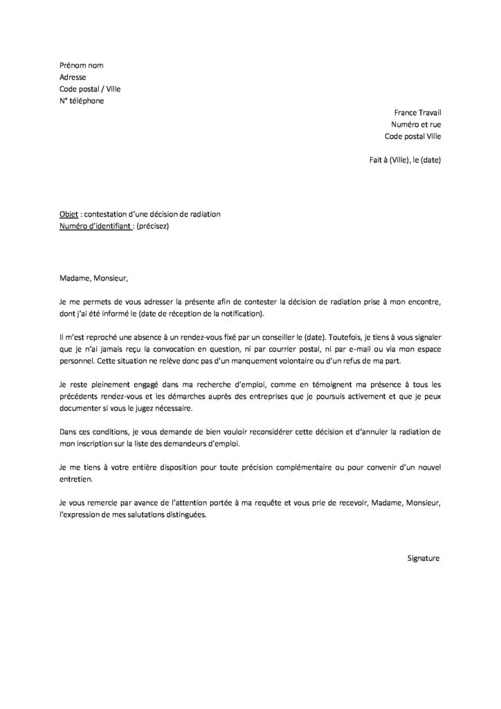 Lettre pour contester une radiation par France Travail - TaLettre.fr