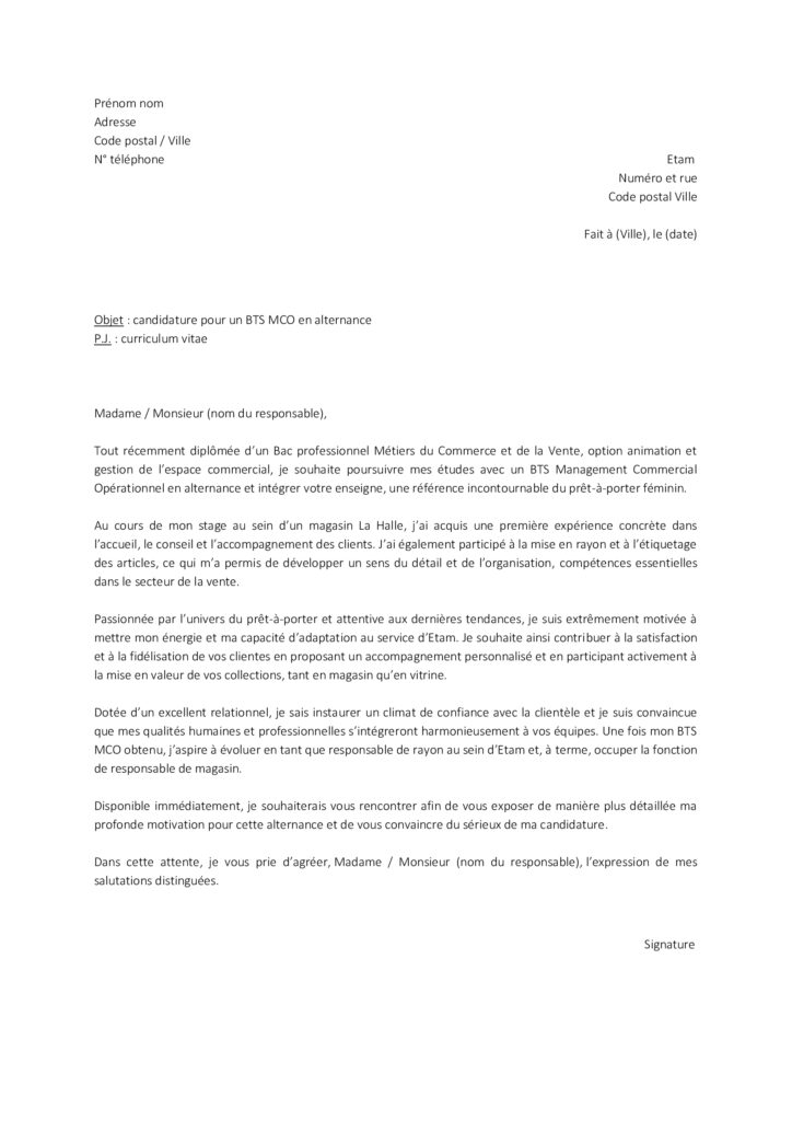 Lettre de motivation pour un BTS MCO en alternance TaLettre.fr — free download