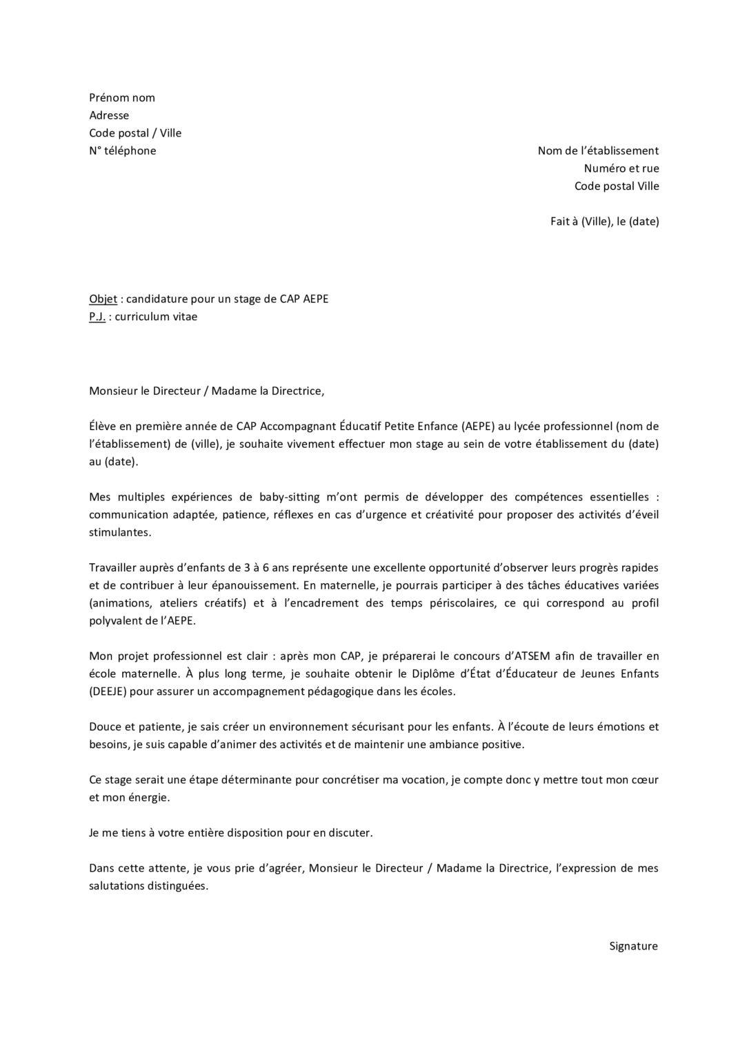 Modèle de lettre de motivation pour un stage de CAP AEPE TaLettre.fr — free download