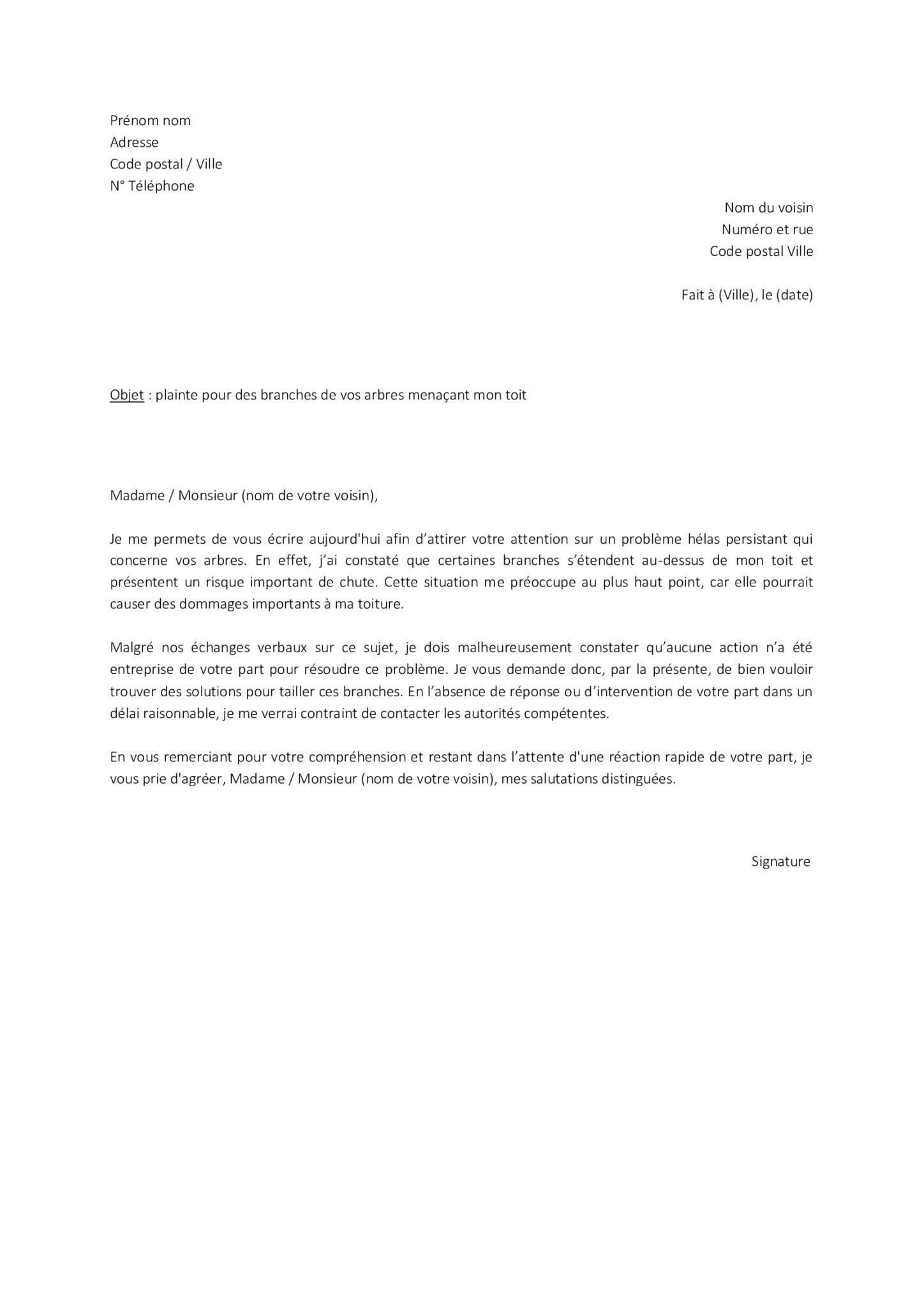 Lettre de plainte à un voisin pour des branches d'arbres - TaLettre.fr