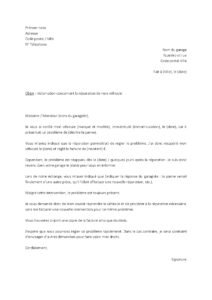Lettre de réclamation au garage pour mauvaise réparation et panne non résolue